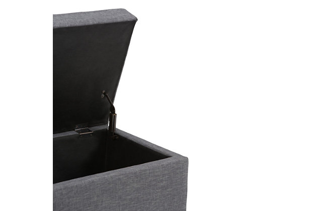 Why sacrifice function for beauty. When you are looking for a tasteful, well-made storage solution and extra seating, look no further than this storage ottoman. Made from durable faux linen upholstery, it’s extra strong and sturdy with a stitched exterior and a large storage interior. Whether you are using it as an eating surface, a storage unit or just to put your feet up, this ottoman is a pretty and practical piece of furniture.Made of wood and engineered wood | Polyester upholstery | Easy assembly required, simply attach feet