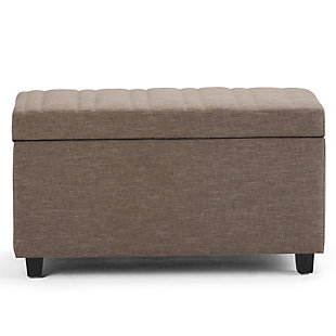 Why sacrifice function for beauty. When you are loo for a tasteful, well-made storage solution and extra seating, look no further than this storage ottoman. Made from durable faux linen upholstery, it’s extra strong and sturdy with a stitched exterior and a storage interior. Whether you are using it as an eating surface, a storage unit or just to put your feet up, this ottoman is a pretty and practical piece of furniture.Made of wood and engineered wood | Polyester upholstery | Easy assembly required, simply attach feet