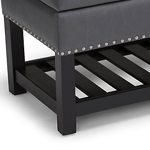 Why sacrifice function for beauty. When you are looking for a tasteful, well-made storage solution and extra seating, look no further than this storage ottoman. Made from durable faux leather, it’s extra strong and sturdy with a button tufted exterior, a large storage interior and a bottom storage area. Whether you are using it in your entryway, living room or bedroom, this ottoman is a pretty and practical piece of furniture.DIMENSIONS: 43.3"W x 19.8"D x 18"H | Hand constructed using solid wood, plywood, foam | Upholstered with a durable Stone Grey Faux Leather | Features lift up lid with child safety hinge to prevent lid slamming, large interior storage and open slat bottom shelf | Multi-functional ottoman can be used in bedroom, living room, family room, hallway as an entryway bench or provide additional sitting | Transitional design includes tufted detail and nail head trim | Assembly required | We believe in creating excellent, high quality products made from the finest materials at an affordable price. Every one of our products come with a 1-year warranty and easy returns if you are not satisfied.