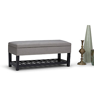 Why sacrifice function for beauty. When you are looking for a tasteful, well-made storage solution and extra seating, look no further than this storage ottoman. Made from durable faux linen upholstery, it’s extra strong and sturdy with a button tufted exterior, a large storage interior and a bottom storage area. Whether you are using it in your entryway, living room or bedroom, this ottoman is a pretty and practical piece of furniture.DIMENSIONS: 43.3"W x 19.8"D x 18"H | Hand constructed using solid wood, plywood, foam | Upholstered with a durable Dove Grey Linen Look Fabric | Features lift up lid with child safety hinge to prevent lid slamming, large interior storage and open slat bottom shelf | Multi-functional ottoman can be used in bedroom, living room, family room, hallway as an entryway bench or provide additional sitting | Transitional design includes tufted detail and nail head trim | Assembly required | We believe in creating excellent, high quality products made from the finest materials at an affordable price. Every one of our products come with a 1-year warranty and easy returns if you are not satisfied.