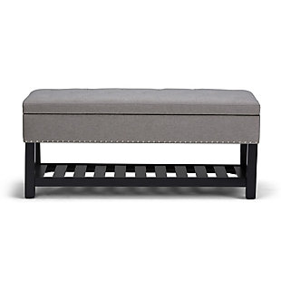 Why sacrifice function for beauty. When you are looking for a tasteful, well-made storage solution and extra seating, look no further than this storage ottoman. Made from durable faux linen upholstery, it’s extra strong and sturdy with a button tufted exterior, a large storage interior and a bottom storage area. Whether you are using it in your entryway, living room or bedroom, this ottoman is a pretty and practical piece of furniture.DIMENSIONS: 43.3"W x 19.8"D x 18"H | Hand constructed using solid wood, plywood, foam | Upholstered with a durable Dove Grey Linen Look Fabric | Features lift up lid with child safety hinge to prevent lid slamming, large interior storage and open slat bottom shelf | Multi-functional ottoman can be used in bedroom, living room, family room, hallway as an entryway bench or provide additional sitting | Transitional design includes tufted detail and nail head trim | Assembly required | We believe in creating excellent, high quality products made from the finest materials at an affordable price. Every one of our products come with a 1-year warranty and easy returns if you are not satisfied.