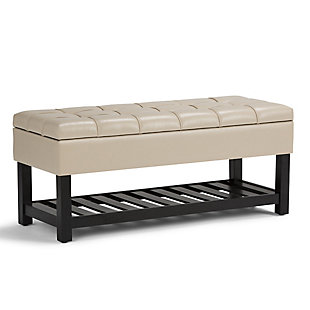 Why sacrifice function for beauty. When you are loo for a tasteful, well-made storage solution and extra seating, look no further than this storage ottoman. Made from durable faux leather, it’s extra strong and sturdy with a stitched and tufted exterior, a storage interior and a bottom storage area. Whether you are using it in your entryway, living room or bedroom, this ottoman is a pretty and practical piece of furniture.DIMENSIONS: 43.5"W x 17"D x 18.5"H | Hand constructed using solid wood, plywood, foam | Upholstered with a durable Satin Cream PU Faux Leather | Features lift up lid with child safety hinge to prevent lid slamming, interior storage and open slat bottom shelf | Multi-functional ottoman can be used in bedroom, living room, family room, hallway as an entryway bench or provide additional sitting | Transitional design includes tufted and top stitching detail | Assembly required | We believe in creating excellent, high quality products made from the finest materials at an affordable price. Every one of our products come with a 1-year warranty and easy returns if you are not satisfied.