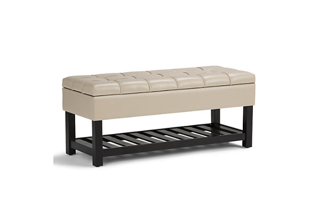 Why sacrifice function for beauty. When you are loo for a tasteful, well-made storage solution and extra seating, look no further than this storage ottoman. Made from durable faux leather, it’s extra strong and sturdy with a stitched and tufted exterior, a storage interior and a bottom storage area. Whether you are using it in your entryway, living room or bedroom, this ottoman is a pretty and practical piece of furniture.DIMENSIONS: 43.5"W x 17"D x 18.5"H | Hand constructed using solid wood, plywood, foam | Upholstered with a durable Satin Cream PU Faux Leather | Features lift up lid with child safety hinge to prevent lid slamming, interior storage and open slat bottom shelf | Multi-functional ottoman can be used in bedroom, living room, family room, hallway as an entryway bench or provide additional sitting | Transitional design includes tufted and top stitching detail | Assembly required | We believe in creating excellent, high quality products made from the finest materials at an affordable price. Every one of our products come with a 1-year warranty and easy returns if you are not satisfied.