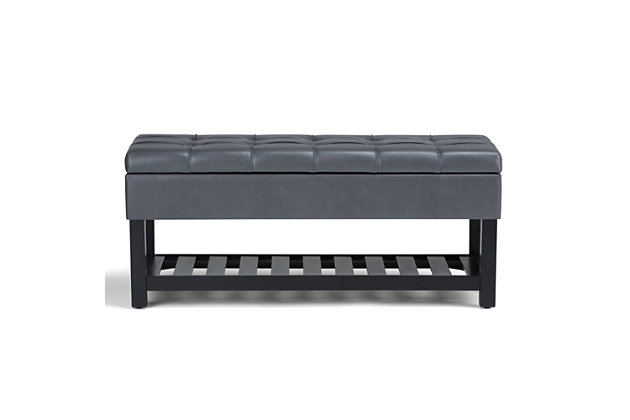 Why sacrifice function for beauty. When you are looking for a tasteful, well-made storage solution and extra seating, look no further than this storage ottoman. Made from durable faux leather, it’s extra strong and sturdy with a stitched and tufted exterior, a large storage interior and a bottom storage area. Whether you are using it in your entryway, living room or bedroom, this ottoman is a pretty and practical piece of furniture.DIMENSIONS: 43.5"W x 17"D x 18.5"H | Hand constructed using solid wood, plywood, foam | Upholstered with a durable Stone Grey Faux Leather | Features lift up lid with child safety hinge to prevent lid slamming, large interior storage and open slat bottom shelf | Multi-functional ottoman can be used in bedroom, living room, family room, hallway as an entryway bench or provide additional sitting | Transitional design includes tufted and top stitching detail | Assembly required | We believe in creating excellent, high quality products made from the finest materials at an affordable price. Every one of our products come with a 1-year warranty and easy returns if you are not satisfied.