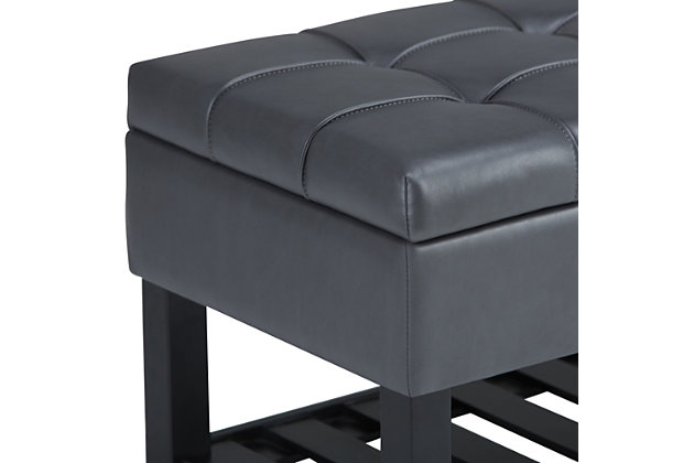 Why sacrifice function for beauty. When you are looking for a tasteful, well-made storage solution and extra seating, look no further than this storage ottoman. Made from durable faux leather, it’s extra strong and sturdy with a stitched and tufted exterior, a large storage interior and a bottom storage area. Whether you are using it in your entryway, living room or bedroom, this ottoman is a pretty and practical piece of furniture.DIMENSIONS: 43.5"W x 17"D x 18.5"H | Hand constructed using solid wood, plywood, foam | Upholstered with a durable Stone Grey Faux Leather | Features lift up lid with child safety hinge to prevent lid slamming, large interior storage and open slat bottom shelf | Multi-functional ottoman can be used in bedroom, living room, family room, hallway as an entryway bench or provide additional sitting | Transitional design includes tufted and top stitching detail | Assembly required | We believe in creating excellent, high quality products made from the finest materials at an affordable price. Every one of our products come with a 1-year warranty and easy returns if you are not satisfied.