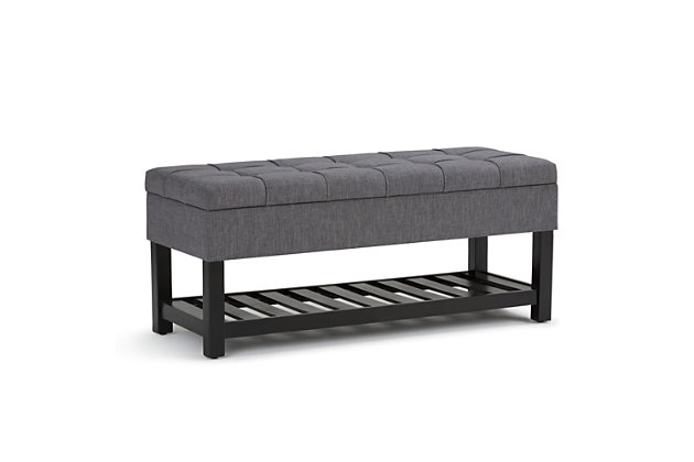 Why sacrifice function for beauty. When you are looking for a tasteful, well-made storage solution and extra seating, look no further than this storage ottoman. Made from durable faux linen upholstery, it’s extra strong and sturdy with a stitched and tufted exterior, a large storage interior and a bottom storage area. Whether you are using it in your entryway, living room or bedroom, this ottoman is a pretty and practical piece of furniture.DIMENSIONS: 43.5"W x 17"D x 18.5"H | Hand constructed using solid wood, plywood, foam | Upholstered with a durable Slate Grey Linen Look Fabric | Features lift up lid with child safety hinge to prevent lid slamming, large interior storage and open slat bottom shelf | Multi-functional ottoman can be used in bedroom, living room, family room, hallway as an entryway bench or provide additional sitting | Transitional design includes tufted and top stitching detail | Assembly required | We believe in creating excellent, high quality products made from the finest materials at an affordable price. Every one of our products come with a 1-year warranty and easy returns if you are not satisfied.