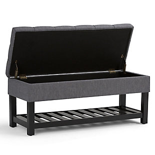Why sacrifice function for beauty. When you are looking for a tasteful, well-made storage solution and extra seating, look no further than this storage ottoman. Made from durable faux linen upholstery, it’s extra strong and sturdy with a stitched and tufted exterior, a large storage interior and a bottom storage area. Whether you are using it in your entryway, living room or bedroom, this ottoman is a pretty and practical piece of furniture.DIMENSIONS: 43.5"W x 17"D x 18.5"H | Hand constructed using solid wood, plywood, foam | Upholstered with a durable Slate Grey Linen Look Fabric | Features lift up lid with child safety hinge to prevent lid slamming, large interior storage and open slat bottom shelf | Multi-functional ottoman can be used in bedroom, living room, family room, hallway as an entryway bench or provide additional sitting | Transitional design includes tufted and top stitching detail | Assembly required | We believe in creating excellent, high quality products made from the finest materials at an affordable price. Every one of our products come with a 1-year warranty and easy returns if you are not satisfied.