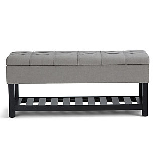 Why sacrifice function for beauty. When you are looking for a tasteful, well-made storage solution and extra seating, look no further than this storage ottoman. Made from durable faux linen upholstery, it’s extra strong and sturdy with a stitched and tufted exterior, a large storage interior and a bottom storage area. Whether you are using it in your entryway, living room or bedroom, this ottoman is a pretty and practical piece of furniture.DIMENSIONS: 43.5"W x 17"D x 18.5"H | Hand constructed using solid wood, plywood, foam | Upholstered with a durable Dove Grey Linen Look Fabric | Features lift up lid with child safety hinge to prevent lid slamming, large interior storage and open slat bottom shelf | Multi-functional ottoman can be used in bedroom, living room, family room, hallway as an entryway bench or provide additional sitting | Transitional design includes tufted and top stitching detail | Assembly required | We believe in creating excellent, high quality products made from the finest materials at an affordable price. Every one of our products come with a 1-year warranty and easy returns if you are not satisfied.