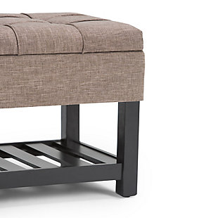 Why sacrifice function for beauty. When you are looking for a tasteful, well-made storage solution and extra seating, look no further than this storage ottoman. Made from durable faux linen upholstery, it’s extra strong and sturdy with a stitched and tufted exterior, a large storage interior and a bottom storage area. Whether you are using it in your entryway, living room or bedroom, this ottoman is a pretty and practical piece of furniture.DIMENSIONS: 43.5"W x 17"D x 18.5"H | Hand constructed using solid wood, plywood, foam | Upholstered with a durable Fawn Brown Linen Look Fabric | Features lift up lid with child safety hinge to prevent lid slamming, large interior storage and open slat bottom shelf | Multi-functional ottoman can be used in bedroom, living room, family room, hallway as an entryway bench or provide additional sitting | Transitional design includes tufted and top stitching detail | Assembly required | We believe in creating excellent, high quality products made from the finest materials at an affordable price. Every one of our products come with a 1-year warranty and easy returns if you are not satisfied.