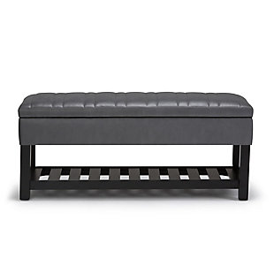 Why sacrifice function for beauty. When you are looking for a tasteful, well-made storage solution and extra seating, look no further than this storage ottoman. Made from durable faux leather, it’s extra strong and sturdy with a stitched and tufted exterior, a large storage interior and a bottom storage area. Whether you are using it in your entryway, living room or bedroom, this ottoman is a pretty and practical piece of furniture.DIMENSIONS: 43.3"W x 17"D x 18.5"H | Hand constructed using solid wood, plywood, foam | Upholstered with a durable Stone Grey Faux Leather | Features lift up lid with child safety hinge to prevent lid slamming, large interior storage and open slat bottom shelf | Multi-functional ottoman can be used in bedroom, living room, family room, hallway as an entryway bench or provide additional sitting | Transitional design includes vertical stitching detail | Assembly required | We believe in creating excellent, high quality products made from the finest materials at an affordable price. Every one of our products come with a 1-year warranty and easy returns if you are not satisfied.