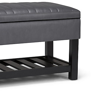 Why sacrifice function for beauty. When you are looking for a tasteful, well-made storage solution and extra seating, look no further than this storage ottoman. Made from durable faux leather, it’s extra strong and sturdy with a stitched and tufted exterior, a large storage interior and a bottom storage area. Whether you are using it in your entryway, living room or bedroom, this ottoman is a pretty and practical piece of furniture.DIMENSIONS: 43.3"W x 17"D x 18.5"H | Hand constructed using solid wood, plywood, foam | Upholstered with a durable Stone Grey Faux Leather | Features lift up lid with child safety hinge to prevent lid slamming, large interior storage and open slat bottom shelf | Multi-functional ottoman can be used in bedroom, living room, family room, hallway as an entryway bench or provide additional sitting | Transitional design includes vertical stitching detail | Assembly required | We believe in creating excellent, high quality products made from the finest materials at an affordable price. Every one of our products come with a 1-year warranty and easy returns if you are not satisfied.