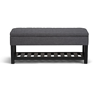 Why sacrifice function for beauty. When you are looking for a tasteful, well-made storage solution and extra seating, look no further than this storage ottoman. Made from durable faux linen upholstery, it’s extra strong and sturdy with a stitched exterior, a large storage interior and a bottom storage area. Whether you are using it in your entryway, living room or bedroom, this ottoman is a pretty and practical piece of furniture.DIMENSIONS: 43.3"W x 17"D x 18.5"H | Hand constructed using solid wood, plywood, foam | Upholstered with a durable Slate Grey Linen Look Fabric | Features lift up lid with child safety hinge to prevent lid slamming, large interior storage and open slat bottom shelf | Multi-functional ottoman can be used in bedroom, living room, family room, hallway as an entryway bench or provide additional sitting | Transitional design includes vertical stitching detail | Assembly required | We believe in creating excellent, high quality products made from the finest materials at an affordable price. Every one of our products come with a 1-year warranty and easy returns if you are not satisfied.