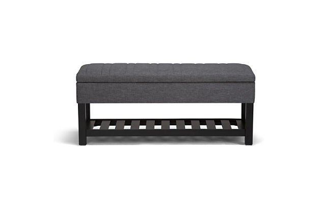 Why sacrifice function for beauty. When you are loo for a tasteful, well-made storage solution and extra seating, look no further than this storage ottoman. Made from durable faux linen upholstery, it’s extra strong and sturdy with a stitched exterior, a storage interior and a bottom storage area. Whether you are using it in your entryway, living room or bedroom, this ottoman is a pretty and practical piece of furniture.DIMENSIONS: 43.3"W x 17"D x 18.5"H | Hand constructed using solid wood, plywood, foam | Upholstered with a durable Slate Grey Linen Look Fabric | Features lift up lid with child safety hinge to prevent lid slamming, interior storage and open slat bottom shelf | Multi-functional ottoman can be used in bedroom, living room, family room, hallway as an entryway bench or provide additional sitting | Transitional design includes vertical stitching detail | Assembly required | We believe in creating excellent, high quality products made from the finest materials at an affordable price. Every one of our products come with a 1-year warranty and easy returns if you are not satisfied.