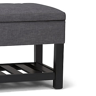 Why sacrifice function for beauty. When you are loo for a tasteful, well-made storage solution and extra seating, look no further than this storage ottoman. Made from durable faux linen upholstery, it’s extra strong and sturdy with a stitched exterior, a storage interior and a bottom storage area. Whether you are using it in your entryway, living room or bedroom, this ottoman is a pretty and practical piece of furniture.DIMENSIONS: 43.3"W x 17"D x 18.5"H | Hand constructed using solid wood, plywood, foam | Upholstered with a durable Slate Grey Linen Look Fabric | Features lift up lid with child safety hinge to prevent lid slamming, interior storage and open slat bottom shelf | Multi-functional ottoman can be used in bedroom, living room, family room, hallway as an entryway bench or provide additional sitting | Transitional design includes vertical stitching detail | Assembly required | We believe in creating excellent, high quality products made from the finest materials at an affordable price. Every one of our products come with a 1-year warranty and easy returns if you are not satisfied.
