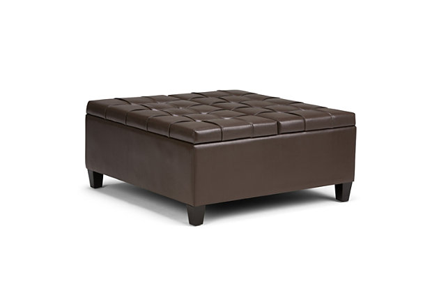 Why sacrifice function for beauty. When you are looking for a tasteful, well-made storage solution and extra seating, look no further than this lift-top storage ottoman. Made from durable leather look upholstery, it’s extra strong and sturdy with an expertly stitched exterior and a large storage interior. Whether you are using it as an eating surface, a storage unit or just to put your feet up, this ottoman is a pretty and practical piece of furniture.DIMENSIONS:  36"D x 36"W x 16.5"H | Hand constructed using solid wood, engineered woods and high density foam | Upholstered with a  durable Chocolate Brown Faux Leather | Features easy split lift up top perfect for a lap top, tablet or dining with child safety hinge, extra large storage compartment | Multi-functional large square ottoman can be used in, living room, family room as a coffee table, foot stool, accent furniture or provide additional sitting | Transitional design includes stitched tufting  detail | Simple assembly; just attach legs | We believe in creating excellent, high quality products made from the finest materials at an affordable price. Every one of our products come with a 1-year warranty and easy returns if you are not satisfied.