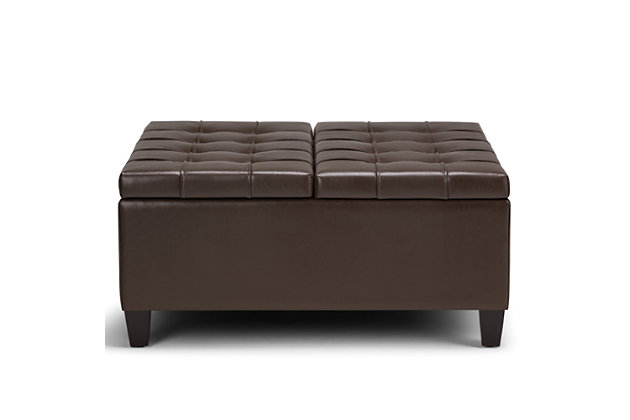 Why sacrifice function for beauty. When you are looking for a tasteful, well-made storage solution and extra seating, look no further than this lift-top storage ottoman. Made from durable leather look upholstery, it’s extra strong and sturdy with an expertly stitched exterior and a large storage interior. Whether you are using it as an eating surface, a storage unit or just to put your feet up, this ottoman is a pretty and practical piece of furniture.DIMENSIONS:  36"D x 36"W x 16.5"H | Hand constructed using solid wood, engineered woods and high density foam | Upholstered with a  durable Chocolate Brown Faux Leather | Features easy split lift up top perfect for a lap top, tablet or dining with child safety hinge, extra large storage compartment | Multi-functional large square ottoman can be used in, living room, family room as a coffee table, foot stool, accent furniture or provide additional sitting | Transitional design includes stitched tufting  detail | Simple assembly; just attach legs | We believe in creating excellent, high quality products made from the finest materials at an affordable price. Every one of our products come with a 1-year warranty and easy returns if you are not satisfied.