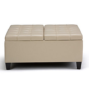 Why sacrifice function for beauty. When you are looking for a tasteful, well-made storage solution and extra seating, look no further than this lift-top storage ottoman. Made from durable leather look upholstery, it’s extra strong and sturdy with an expertly stitched exterior and a large storage interior. Whether you are using it as an eating surface, a storage unit or just to put your feet up, this ottoman is a pretty and practical piece of furniture.DIMENSIONS:  36"D x 36"W x 16.5"H | Hand constructed using solid wood, engineered woods and high density foam | Upholstered with a  durable Satin Cream Faux Leather | Features easy split lift up top perfect for a lap top, tablet or dining with child safety hinge, extra large storage compartment | Multi-functional large square ottoman can be used in, living room, family room as a coffee table, foot stool, accent furniture or provide additional sitting | Transitional design includes stitched tufting  detail | Simple assembly; just attach legs | We believe in creating excellent, high quality products made from the finest materials at an affordable price. Every one of our products come with a 1-year warranty and easy returns if you are not satisfied.