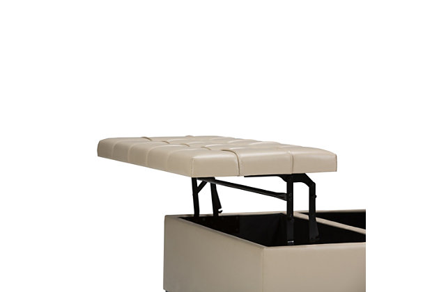 Why sacrifice function for beauty. When you are looking for a tasteful, well-made storage solution and extra seating, look no further than this lift-top storage ottoman. Made from durable leather look upholstery, it’s extra strong and sturdy with an expertly stitched exterior and a large storage interior. Whether you are using it as an eating surface, a storage unit or just to put your feet up, this ottoman is a pretty and practical piece of furniture.DIMENSIONS:  36"D x 36"W x 16.5"H | Hand constructed using solid wood, engineered woods and high density foam | Upholstered with a  durable Satin Cream Faux Leather | Features easy split lift up top perfect for a lap top, tablet or dining with child safety hinge, extra large storage compartment | Multi-functional large square ottoman can be used in, living room, family room as a coffee table, foot stool, accent furniture or provide additional sitting | Transitional design includes stitched tufting  detail | Simple assembly; just attach legs | We believe in creating excellent, high quality products made from the finest materials at an affordable price. Every one of our products come with a 1-year warranty and easy returns if you are not satisfied.