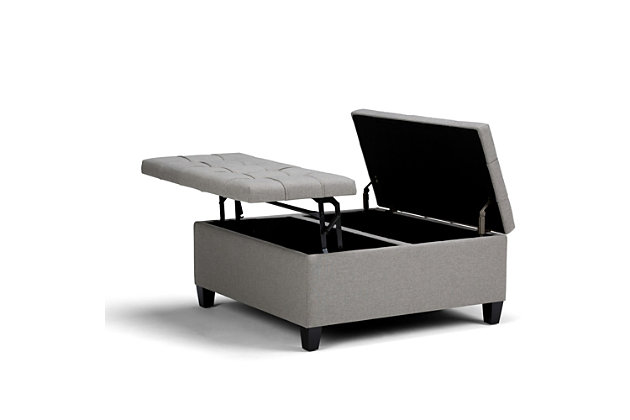 Why sacrifice function for beauty. When you are looking for a tasteful, well-made storage solution and extra seating, look no further than this lift-top storage ottoman. Made from durable linen look upholstery, it’s extra strong and sturdy with an expertly stitched exterior and a large storage interior. Whether you are using it as an eating surface, a storage unit or just to put your feet up, this ottoman is a pretty and practical piece of furniture.DIMENSIONS:  36"D x 36"W x 16.5"H | Hand constructed using solid wood, engineered woods and high density foam | Upholstered with a  durable Dove Grey Linen Look Fabric | Features easy split lift up top perfect for a lap top, tablet or dining with child safety hinge, extra large storage compartment | Multi-functional large square ottoman can be used in, living room, family room as a coffee table, foot stool, accent furniture or provide additional sitting | Transitional design includes stitched tufting  detail | Simple assembly; just attach legs | We believe in creating excellent, high quality products made from the finest materials at an affordable price. Every one of our products come with a 1-year warranty and easy returns if you are not satisfied.