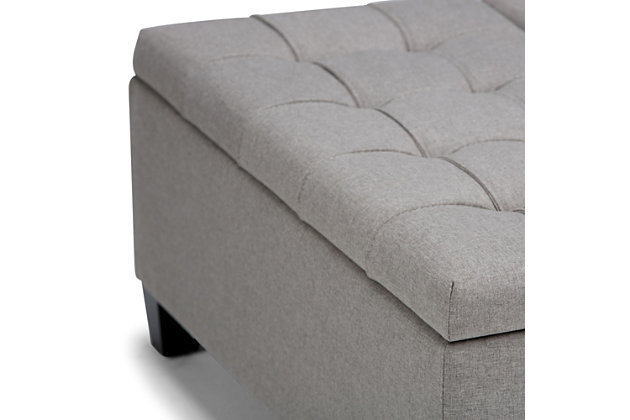 Why sacrifice function for beauty. When you are looking for a tasteful, well-made storage solution and extra seating, look no further than this lift-top storage ottoman. Made from durable linen look upholstery, it’s extra strong and sturdy with an expertly stitched exterior and a large storage interior. Whether you are using it as an eating surface, a storage unit or just to put your feet up, this ottoman is a pretty and practical piece of furniture.DIMENSIONS:  36"D x 36"W x 16.5"H | Hand constructed using solid wood, engineered woods and high density foam | Upholstered with a  durable Dove Grey Linen Look Fabric | Features easy split lift up top perfect for a lap top, tablet or dining with child safety hinge, extra large storage compartment | Multi-functional large square ottoman can be used in, living room, family room as a coffee table, foot stool, accent furniture or provide additional sitting | Transitional design includes stitched tufting  detail | Simple assembly; just attach legs | We believe in creating excellent, high quality products made from the finest materials at an affordable price. Every one of our products come with a 1-year warranty and easy returns if you are not satisfied.