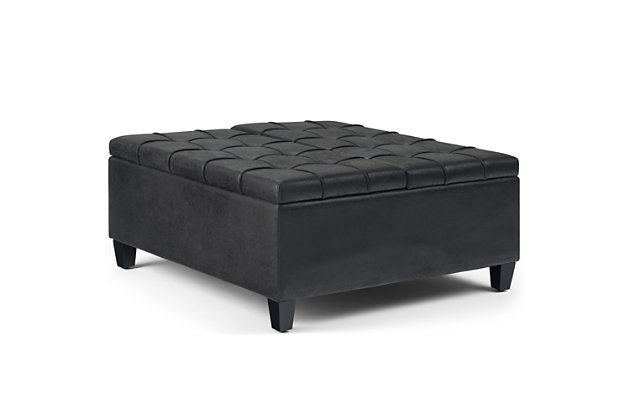 Why sacrifice function for beauty. When you are looking for a tasteful, well-made storage solution and extra seating, look no further than this lift-top storage ottoman. Made from durable leather look upholstery, it’s extra strong and sturdy with an expertly stitched exterior and a large storage interior. Whether you are using it as an eating surface, a storage unit or just to put your feet up, this ottoman is a pretty and practical piece of furniture.DIMENSIONS:  36"D x 36"W x 16.5"H | Hand constructed using solid wood, engineered woods and high density foam | Upholstered with a  durable Distressed Black Faux Leather | Features easy split lift up top perfect for a lap top, tablet or dining with child safety hinge, extra large storage compartment | Multi-functional large square ottoman can be used in, living room, family room as a coffee table, foot stool, accent furniture or provide additional sitting | Transitional design includes stitched tufting  detail | Simple assembly; just attach legs | We believe in creating excellent, high quality products made from the finest materials at an affordable price. Every one of our products come with a 1-year warranty and easy returns if you are not satisfied.