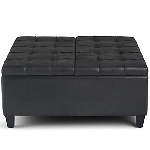 Why sacrifice function for beauty. When you are looking for a tasteful, well-made storage solution and extra seating, look no further than this lift-top storage ottoman. Made from durable leather look upholstery, it’s extra strong and sturdy with an expertly stitched exterior and a large storage interior. Whether you are using it as an eating surface, a storage unit or just to put your feet up, this ottoman is a pretty and practical piece of furniture.DIMENSIONS:  36"D x 36"W x 16.5"H | Hand constructed using solid wood, engineered woods and high density foam | Upholstered with a  durable Distressed Black Faux Leather | Features easy split lift up top perfect for a lap top, tablet or dining with child safety hinge, extra large storage compartment | Multi-functional large square ottoman can be used in, living room, family room as a coffee table, foot stool, accent furniture or provide additional sitting | Transitional design includes stitched tufting  detail | Simple assembly; just attach legs | We believe in creating excellent, high quality products made from the finest materials at an affordable price. Every one of our products come with a 1-year warranty and easy returns if you are not satisfied.