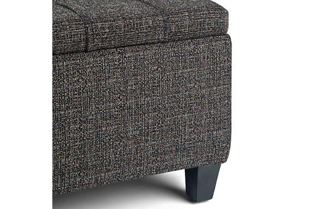 Why sacrifice function for beauty. When you are looking for a tasteful, well-made storage solution and extra seating, look no further than this lift-top storage ottoman. Made from durable linen look upholstery, it’s extra strong and sturdy with an expertly tufted exterior and a large storage interior. Whether you are using it as an eating surface, a storage unit or just to put your feet up, this ottoman is a pretty and practical piece of furniture.DIMENSIONS:  36"D x 36"W x 16.5"H | Hand constructed using solid wood, engineered woods and high density foam | Upholstered with a  durable Ebony Tweed Fabric | Features easy split lift up top perfect for a lap top, tablet or dining with child safety hinge, extra large storage compartment | Multi-functional large square ottoman can be used in, living room, family room as a coffee table, foot stool, accent furniture or provide additional sitting | Transitional design includes stitched tufting  detail | Simple assembly; just attach legs | We believe in creating excellent, high quality products made from the finest materials at an affordable price. Every one of our products come with a 1-year warranty and easy returns if you are not satisfied.