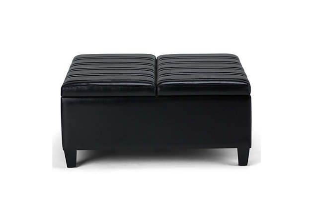 Why sacrifice function for beauty. When you are looking for a tasteful, well-made storage solution and extra seating, look no further than this lift-top storage ottoman. Made from durable leather look upholstery, it’s extra strong and sturdy with an expertly stitched exterior and a large storage interior. Whether you are using it as an eating surface, a storage unit or just to put your feet up, this ottoman is a pretty and practical piece of furniture.Made of wood | Faux leather upholstery | Split lift top | Easy assembly required, simply attach feet