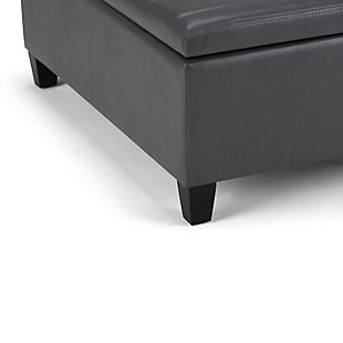 Why sacrifice function for beauty. When you are looking for a tasteful, well-made storage solution and extra seating, look no further than this lift-top storage ottoman. Made from durable leather look upholstery, it’s extra strong and sturdy with an expertly stitched exterior and a large storage interior. Whether you are using it as an eating surface, a storage unit or just to put your feet up, this ottoman is a pretty and practical piece of furniture.Made of wood | Faux leather upholstery | Split lift top | Easy assembly required, simply attach feet