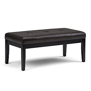 Why sacrifice function for beauty. When you are looking for extra seating, look no further than this ottoman bench. Covered in faux leather upholstery, it’s extra strong and sturdy with a cushioned seat and dark finished legs. Whether you are using it in your entryway, living room or bedroom, this bench is a pretty and practical piece of furniture.Made of wood and engineered wood | Faux leather upholstery | Dark finished frame and legs | Assembly required