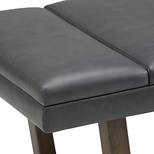 Why sacrifice function for beauty. When you are looking for extra seating, look no further than this ottoman bench. Covered in faux leather upholstery, it’s extra strong and sturdy with a cushioned seat and solid wood legs. Whether you are using it in your entryway, living room or bedroom, this bench is a pretty and practical piece of furniture.DIMENSIONS: 53"W x 19.1"D x 18.1"H | Hand constructed using solid rubberwood , plywood, high density foam | Upholstered with a durable Stone Grey faux leather | Features linear top stitched design, solid wood open base design | Multi-functional ottoman can be used in bedroom, living room, family room, hallway as an entryway bench or provide additional sitting | Sleek, modern design | Fully assembled | We believe in creating excellent, high quality products made from the finest materials at an affordable price. Every one of our products come with a 1-year warranty and easy returns if you are not satisfied.