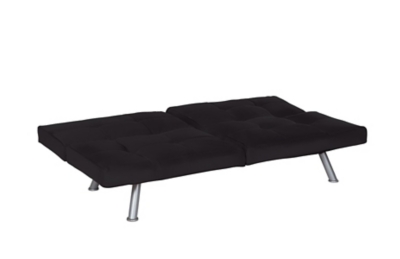 Whether reserved for the occasional overnight guest—or enjoyed day in, day out—this sleek, chic futon in black proves that high style can be made comfortably affordable. Sure to please those with highly contemporary taste, it wows with square tufting, tapered chrome-tone metal legs and adjustable wing armrests loaded with flair.Sturdy wood frame | Black microfiber upholstery | Square tufting | High-density padded cushions | Tapered chrome-tone metal legs | Ideal for sitting, lounging and sleeping | Multi-position back and wings for optimal comfort | Converts easily from sofa to sleeper | Assembly required