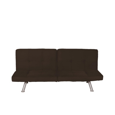 Whether reserved for the occasional overnight guest—or enjoyed day in, day out—this sleek, chic futon in black proves that high style can be made comfortably affordable. Sure to please those with highly contemporary taste, it wows with square tufting, tapered chrome-tone metal legs and adjustable wing armrests loaded with flair.Sturdy wood frame | Black microfiber upholstery | Square tufting | High-density padded cushions | Tapered chrome-tone metal legs | Ideal for sitting, lounging and sleeping | Multi-position back and wings for optimal comfort | Converts easily from sofa to sleeper | Assembly required