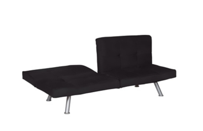 Whether reserved for the occasional overnight guest—or enjoyed day in, day out—this sleek, chic futon in black proves that high style can be made comfortably affordable. Sure to please those with highly contemporary taste, it wows with square tufting, tapered chrome-tone metal legs and adjustable wing armrests loaded with flair.Sturdy wood frame | Black microfiber upholstery | Square tufting | High-density padded cushions | Tapered chrome-tone metal legs | Ideal for sitting, lounging and sleeping | Multi-position back and wings for optimal comfort | Converts easily from sofa to sleeper | Assembly required