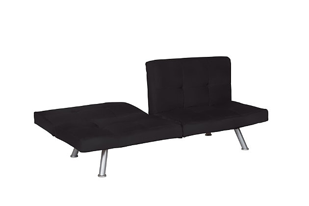 Whether reserved for the occasional overnight guest—or enjoyed day in, day out—this sleek, chic futon in black proves that high style can be made comfortably affordable. Sure to please those with highly contemporary taste, it wows with square tufting, tapered chrome-tone metal legs and adjustable wing armrests loaded with flair.Sturdy wood frame | Black microfiber upholstery | Square tufting | High-density padded cushions | Tapered chrome-tone metal legs | Ideal for sitting, lounging and sleeping | Multi-position back and wings for optimal comfort | Converts easily from sofa to sleeper | Assembly required
