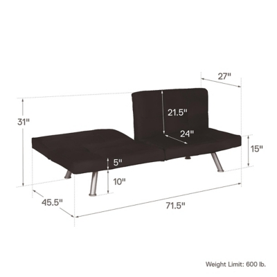 Whether reserved for the occasional overnight guest—or enjoyed day in, day out—this sleek, chic futon in black proves that high style can be made comfortably affordable. Sure to please those with highly contemporary taste, it wows with square tufting, tapered chrome-tone metal legs and adjustable wing armrests loaded with flair.Sturdy wood frame | Black microfiber upholstery | Square tufting | High-density padded cushions | Tapered chrome-tone metal legs | Ideal for sitting, lounging and sleeping | Multi-position back and wings for optimal comfort | Converts easily from sofa to sleeper | Assembly required