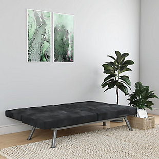 Whether reserved for the occasional overnight guest—or enjoyed day in, day out—this sleek, chic futon in black proves that high style can be made comfortably affordable. Sure to please those with highly contemporary taste, it wows with square tufting, tapered chrome-tone metal legs and adjustable wing armrests loaded with flair.Sturdy wood frame | Black microfiber upholstery | Square tufting | High-density padded cushions | Tapered chrome-tone metal legs | Ideal for sitting, lounging and sleeping | Multi-position back and wings for optimal comfort | Converts easily from sofa to sleeper | Assembly required