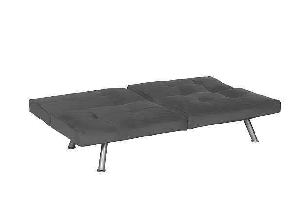 Built with a strong wood frame, this futon is upholstered in rich microfiber and features memory foam cushions with tufted detailing for the perfect combination of contemporary style, durability and comfort. This futon allows you to lounge in style and comfort by easily converting between three positions: sitting, lounging and sleeping. With a simple push or pull, you can change the futon to the desired position. Blending into any decor aesthetic, it's the ideal addition to your living room, office or guest bedroom.Sturdy wood frame | Gray micro-suede upholstery | Memory foam cushions | Holds up to 400 pounds | Black plastic legs | Assembly required