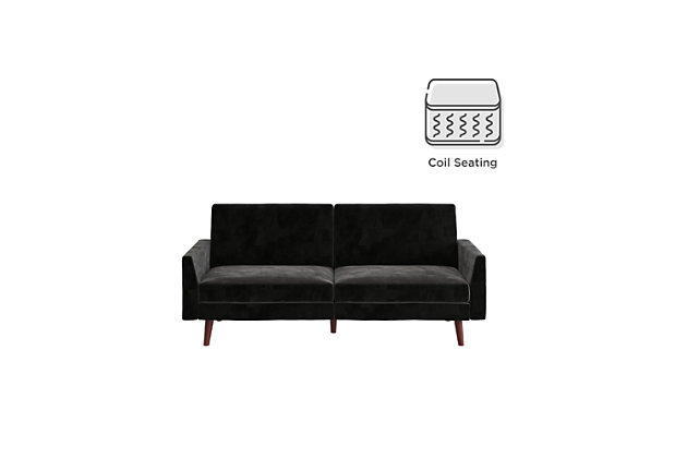 Designed with a soft velvet upholstery, slim track arms and slanted solid wood legs, this futon is a modern dream come true. Not only is it right on trend, but it's also the multi-functional piece you never knew you needed, but now can’t live without. A split-back design allows you to independently recline the backrests into multiple positions. Simply push or pull your futon to instantly convert it into a lounger or bed. The sturdy wood frame and independently encased coils provide comfort and support to accommodate your overnight guests.Sturdy wood frame | Black velvet upholstery | Foam cushions | Holds up to 600 pounds | Assembly required