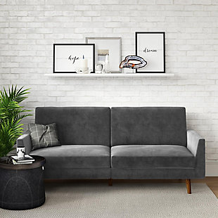 Designed with a soft velvet upholstery, slim track arms and slanted solid wood legs, this futon is a modern dream come true. Not only is it right on trend, this is the multi-functional piece you never knew you needed, but now can’t live without. A split-back design allows you to independently recline the backrests into multiple positions. Simply push or pull your futon to instantly convert it into a lounger or bed. The sturdy wood frame and independently encased coils provide comfort and support to accommodate your overnight guests.Sturdy wood frame | Gray velvet upholstery | Foam cushions with ultra-supportive, pocketed coils | Holds up to 600 pounds | Assembly required