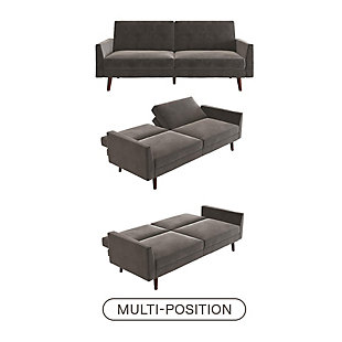 Designed with a soft velvet upholstery, slim track arms and slanted solid wood legs, this futon is a modern dream come true. Not only is it right on trend, this is the multi-functional piece you never knew you needed, but now can’t live without. A split-back design allows you to independently recline the backrests into multiple positions. Simply push or pull your futon to instantly convert it into a lounger or bed. The sturdy wood frame and independently encased coils provide comfort and support to accommodate your overnight guests.Sturdy wood frame | Gray velvet upholstery | Foam cushions with ultra-supportive, pocketed coils | Holds up to 600 pounds | Assembly required