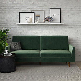 Designed with a soft velvet upholstery, slim track arms and slanted solid wood legs, this futon is a modern dream come true. Not only is it right on trend, but it's also the multi-functional piece you never knew you needed, but now can’t live without. A split-back design allows you to independently recline the backrests into multiple positions. Simply push or pull your futon to instantly convert it into a lounger or bed. The sturdy wood frame and independently encased coils provide comfort and support to accommodate your overnight guests.Sturdy wood frame | Light teal velvet upholstery | Foam cushions | Holds up to 600 pounds | Assembly required