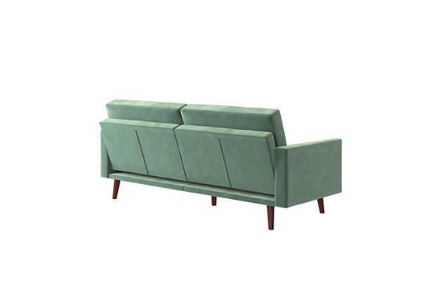Designed with a soft velvet upholstery, slim track arms and slanted solid wood legs, this futon is a modern dream come true. Not only is it right on trend, but it's also the multi-functional piece you never knew you needed, but now can’t live without. A split-back design allows you to independently recline the backrests into multiple positions. Simply push or pull your futon to instantly convert it into a lounger or bed. The sturdy wood frame and independently encased coils provide comfort and support to accommodate your overnight guests.Sturdy wood frame | Light teal velvet upholstery | Foam cushions | Holds up to 600 pounds | Assembly required