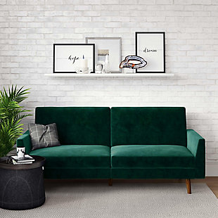 Designed with a soft velvet upholstery, slim track arms and slanted solid wood legs, this futon is a modern dream come true. Not only is it right on trend, but it's also the multi-functional piece you never knew you needed, but now can’t live without. A split-back design allows you to independently recline the backrests into multiple positions. Simply push or pull your futon to instantly convert it into a lounger or bed. The sturdy wood frame and independently encased coils provide comfort and support to accommodate your overnight guests.Sturdy wood frame | Green velvet upholstery | Foam cushions | Holds up to 600 pounds | Assembly required