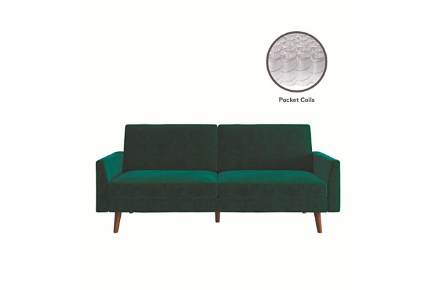 Designed with a soft velvet upholstery, slim track arms and slanted solid wood legs, this futon is a modern dream come true. Not only is it right on trend, but it's also the multi-functional piece you never knew you needed, but now can’t live without. A split-back design allows you to independently recline the backrests into multiple positions. Simply push or pull your futon to instantly convert it into a lounger or bed. The sturdy wood frame and independently encased coils provide comfort and support to accommodate your overnight guests.Sturdy wood frame | Green velvet upholstery | Foam cushions | Holds up to 600 pounds | Assembly required
