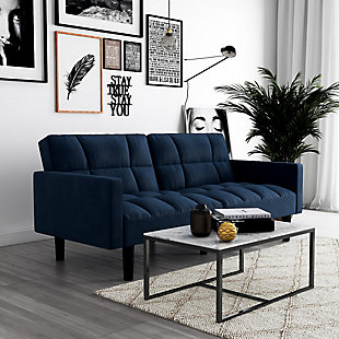 The stylish contemporary design of this futon showcases reinforced stitching, wide track arms and soft microfiber upholstery—adding a flair of modern luxury and comfort to any interior. A split-back design allows you to independently recline the backrests into multiple positions. Simply push or pull your futon to instantly convert it into a lounger or bed. The sturdy wood frame and independently encased coils provide comfort and support to accommodate your overnight guests.Sturdy wood frame | Gray microfiber upholstery | Foam cushions | Holds up to 600 pounds | Assembly required
