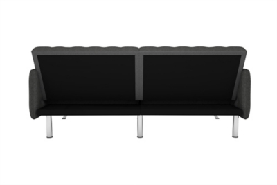 This futon sleeper is made with a gray linen upholstery, embellished with button-tufted details gracing the back/seat cushions and sheltering armrests. Offering a look of modern luxury, it features sleek chrome-tone legs that tie the whole look together. With a split-back design, this futon easily adjusts into three distinct positions: seating, lounging or sleeping. When you have an overnight guest, lower the backrest with just one push or pull. No guest bedroom? No problem.Sturdy wood frame | Gray linen upholstery | Foam cushions | Chrome-tone tapered legs | Holds up to 600 pounds | Assembly required