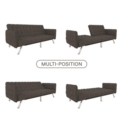 This futon sleeper is made with a gray linen upholstery, embellished with button-tufted details gracing the back/seat cushions and sheltering armrests. Offering a look of modern luxury, it features sleek chrome-tone legs that tie the whole look together. With a split-back design, this futon easily adjusts into three distinct positions: seating, lounging or sleeping. When you have an overnight guest, lower the backrest with just one push or pull. No guest bedroom? No problem.Sturdy wood frame | Gray linen upholstery | Foam cushions | Chrome-tone tapered legs | Holds up to 600 pounds | Assembly required