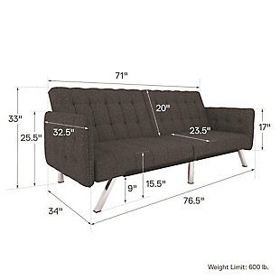 This futon sleeper is made with a gray linen upholstery, embellished with button-tufted details gracing the back/seat cushions and sheltering armrests. Offering a look of modern luxury, it features sleek chrome-tone legs that tie the whole look together. With a split-back design, this futon easily adjusts into three distinct positions: seating, lounging or sleeping. When you have an overnight guest, lower the backrest with just one push or pull. No guest bedroom? No problem.Sturdy wood frame | Gray linen upholstery | Foam cushions | Chrome-tone tapered legs | Holds up to 600 pounds | Assembly required