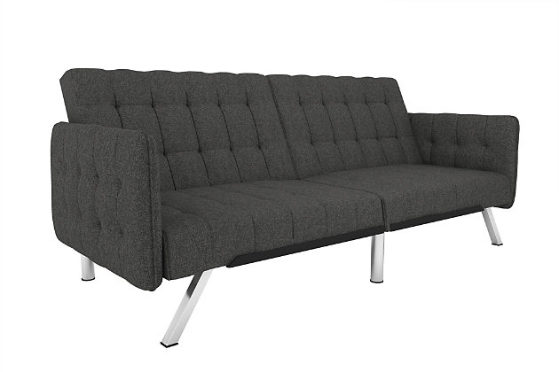 This futon sleeper is made with a gray linen upholstery, embellished with button-tufted details gracing the back/seat cushions and sheltering armrests. Offering a look of modern luxury, it features sleek chrome-tone legs that tie the whole look together. With a split-back design, this futon easily adjusts into three distinct positions: seating, lounging or sleeping. When you have an overnight guest, lower the backrest with just one push or pull. No guest bedroom? No problem.Sturdy wood frame | Gray linen upholstery | Foam cushions | Chrome-tone tapered legs | Holds up to 600 pounds | Assembly required